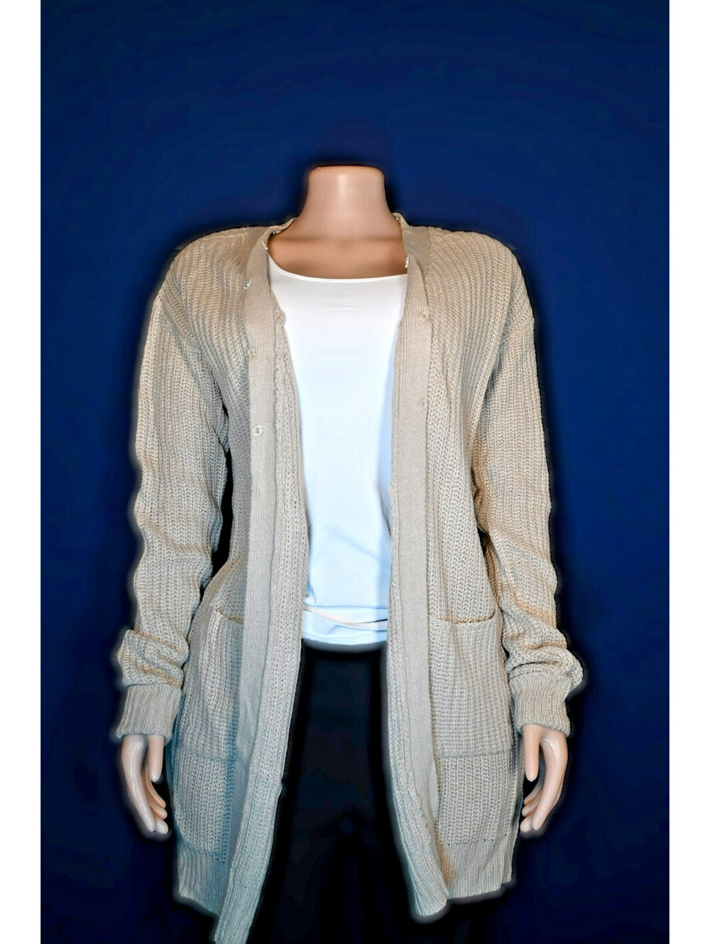 Say What? Women's Large chunky knit Duster Cardigan Sweater Beige Longline Pocke